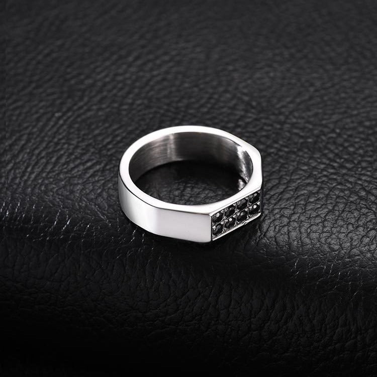 Kemston Stainless Steel Black Zirconia Ring for Men Geometric Square Design Minimal Style R-728S