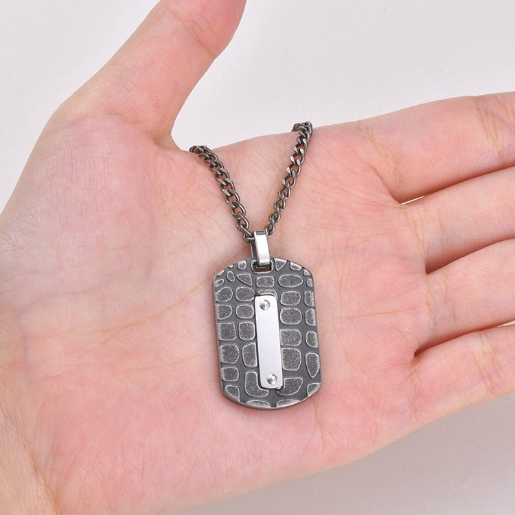 Kemston Textured Rectangular Pendant Necklace for Men Stainless Steel Polished Bar PN-2396GR