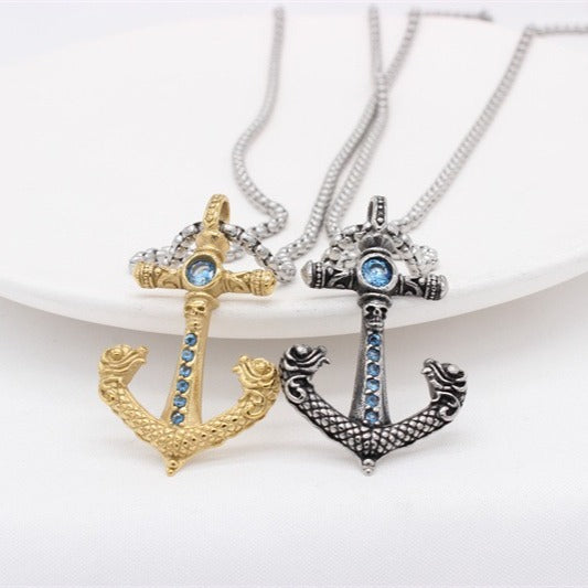 Kemstone Titanium Steel Anchor Pendant Necklace for Men with Cubic Zirconia – Gold & Silver P1411