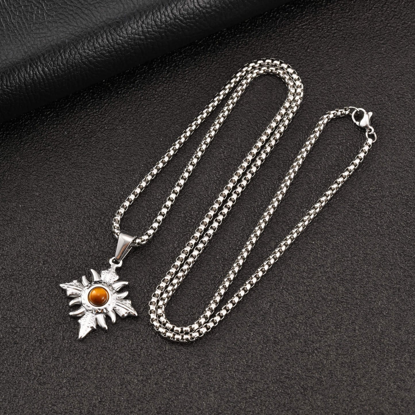Kemstone Stainless Steel Tiger Eye Geometric Pendant Necklace for Men Silver PN-2346