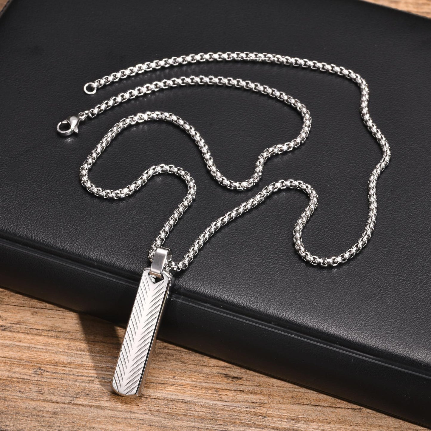 Geometric Bar Pendant Necklace for Men | Stainless Steel Chevron Engraved PN2071