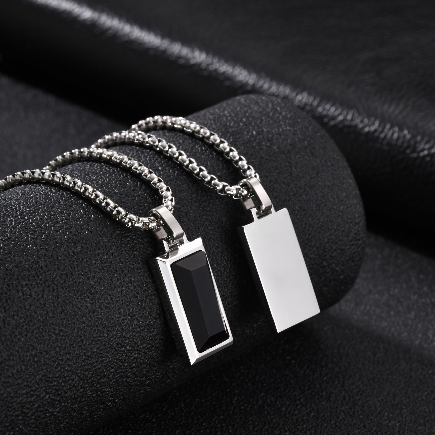 Kemston Rectangular Black Agate Pendant Necklace for Men Stainless Steel Vintage PN2379