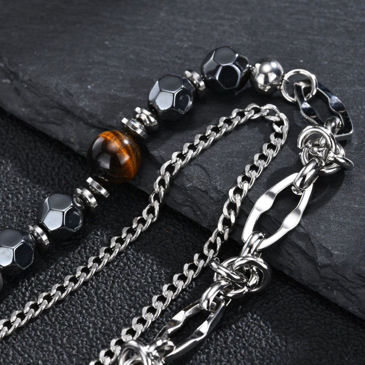 Kemstone Layered Bead & Chain Bracelet for Men with Stainless Steel Links BR-3281