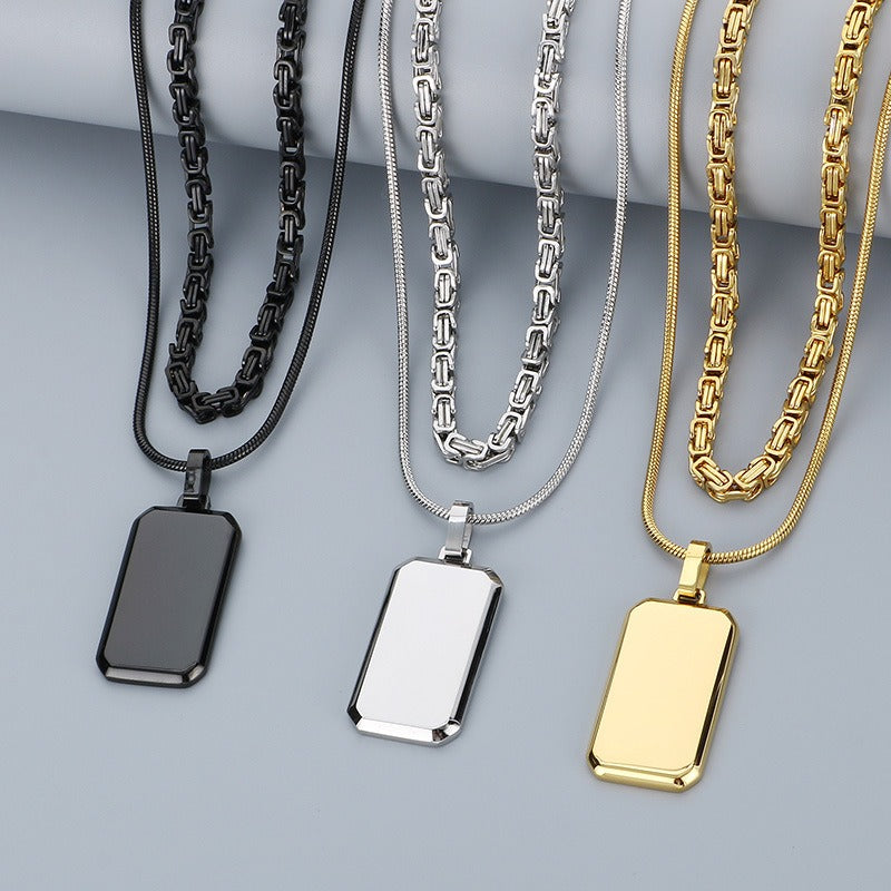 Kemstone Layered Rectangular Pendant Necklace for Men - Titanium Steel Double Chain KN283138-KFC
