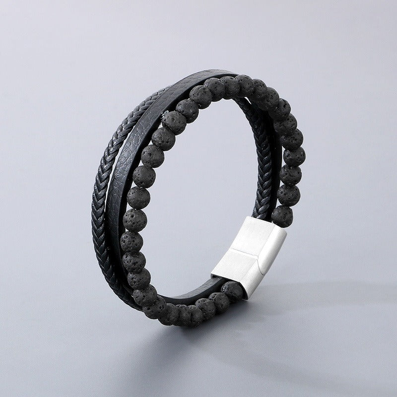 Kemstone Volcanic Rock Bracelet for Men Leather Stainless Steel Multi Layer KB180736-JR