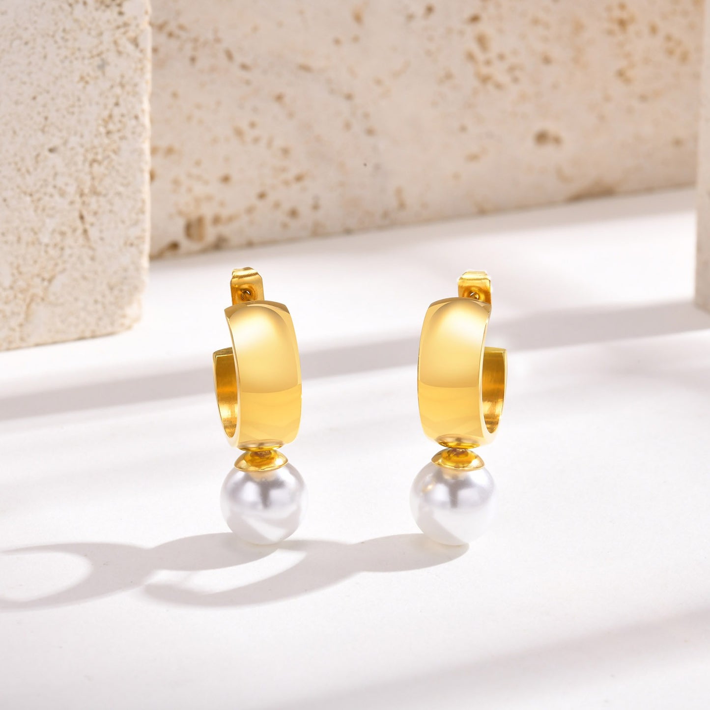 Stainless Steel Simulated Pearl Earrings – French-Inspired Minimalist Hoops for Women ED-670G