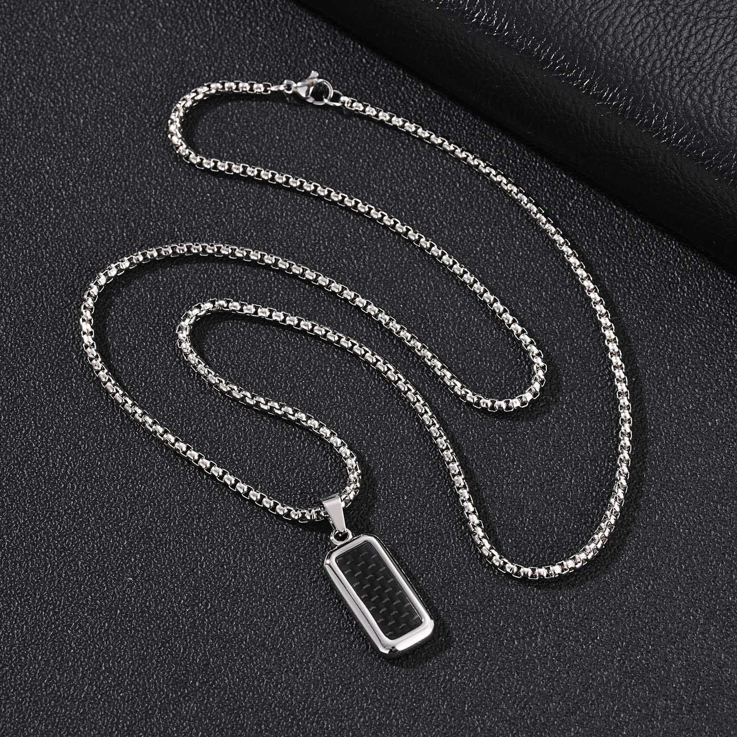 Kemston Carbon Fiber Pendant Necklace for Men Stainless Steel Black Rectangle Design PN-2319