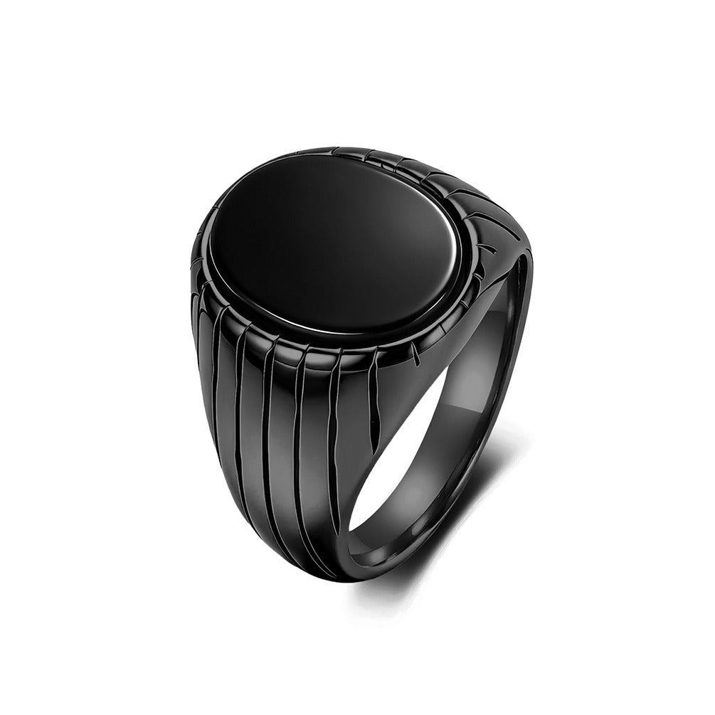 Kemstone Stainless Steel Black Stone Signet Ring for Men – Modern Masculine Oval Band K-R1175