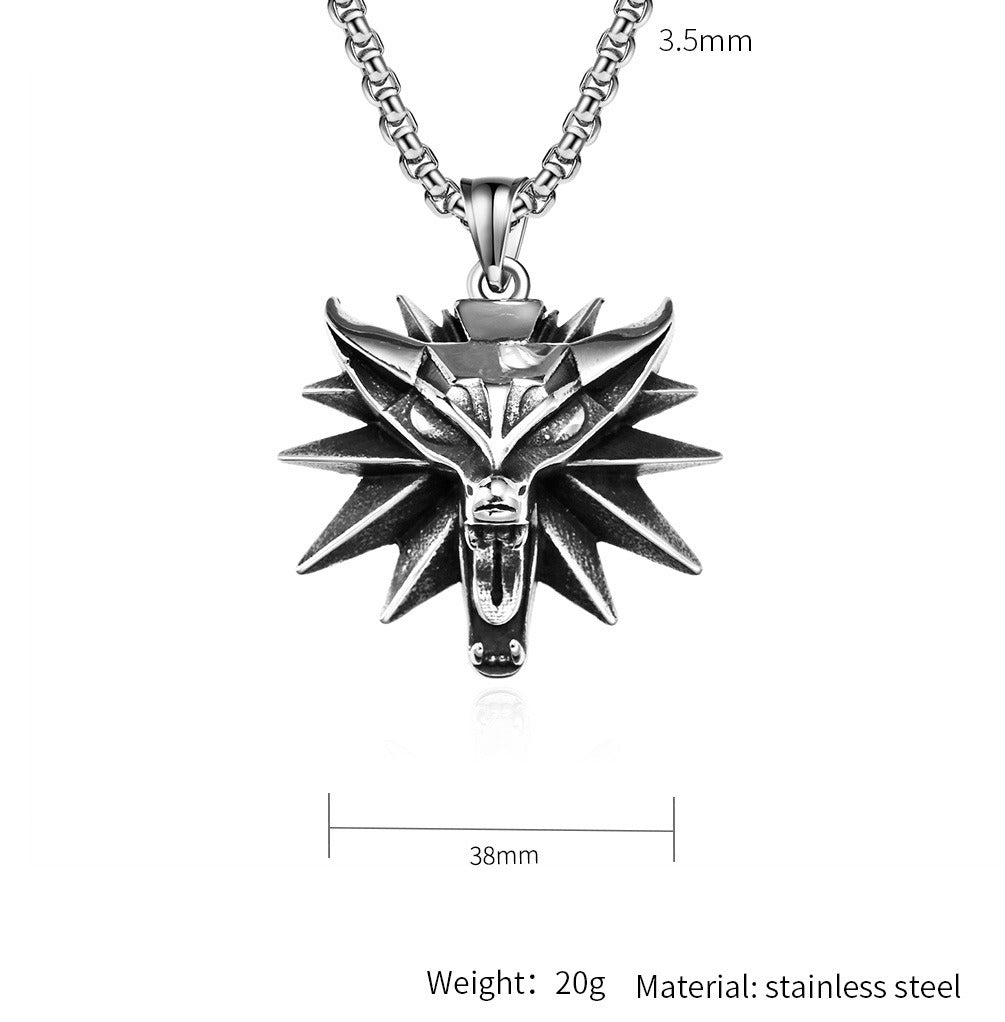 Kemstone Men’s Titanium Steel Wolf Head Pendant Necklace – Witcher Inspired K-PT552