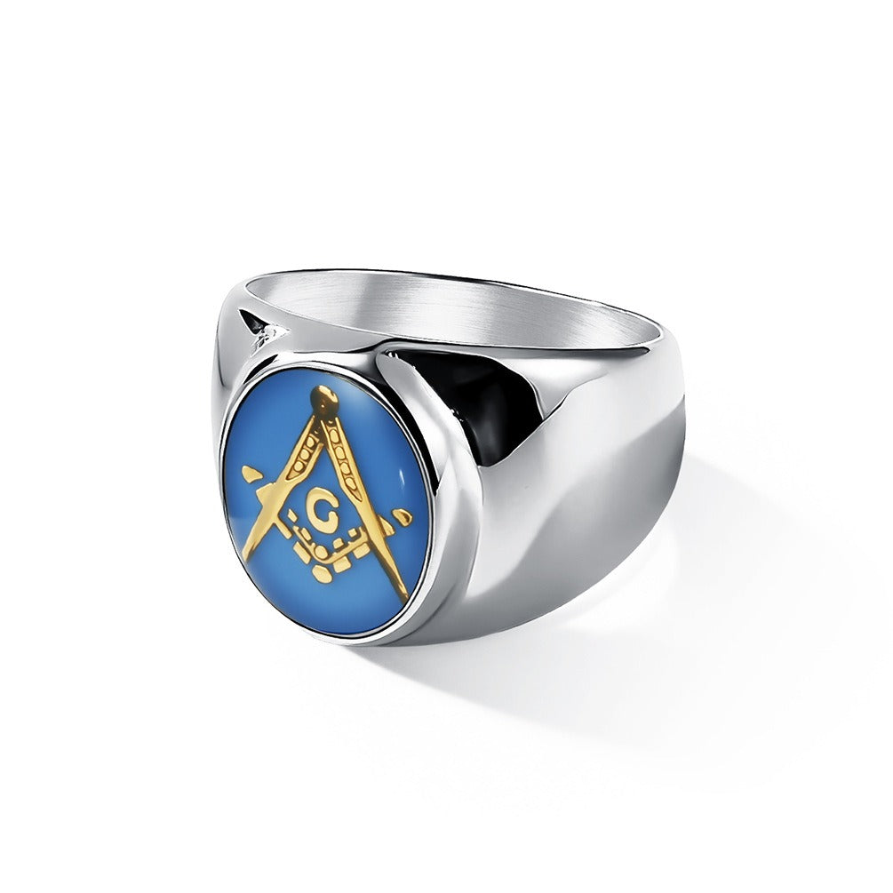 Kemstone Stainless Steel Freemason Blue Emblem Signet Ring for Men Vintage Symbol K-R1182