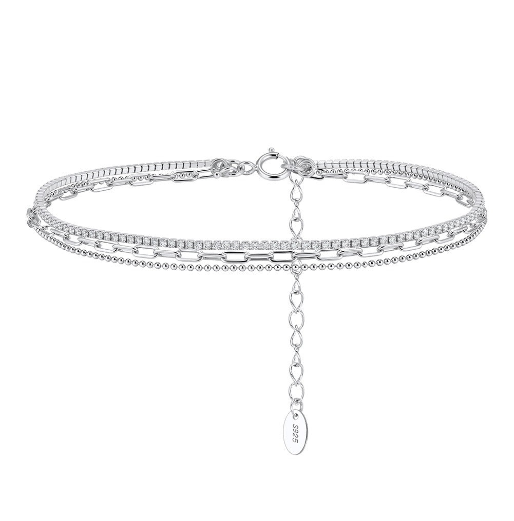 Kemstone 925 Sterling Silver Layered Tennis Anklet for Women Multi Chain Gold Silver SA104
