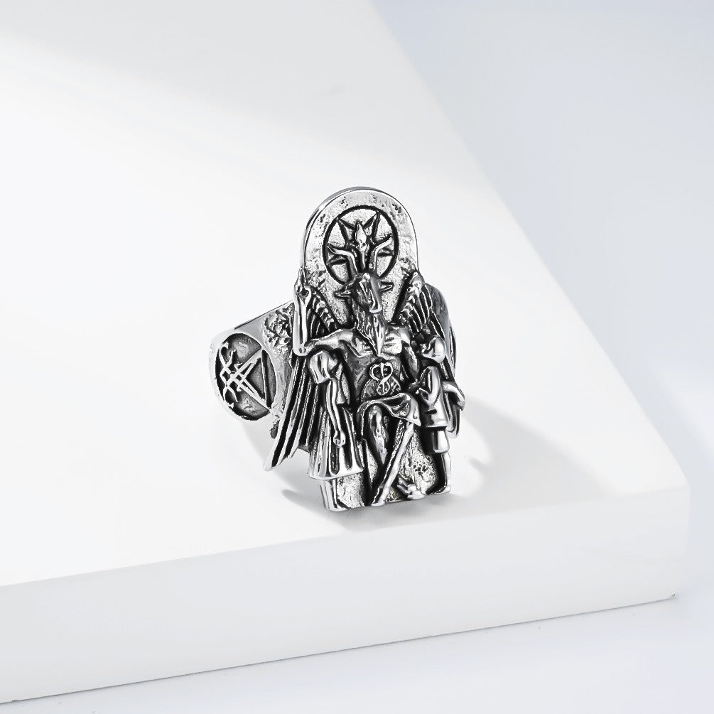 Kemstone Stainless Steel Goat Head Signet Ring – Gothic Vintage Style for Men K-R1154