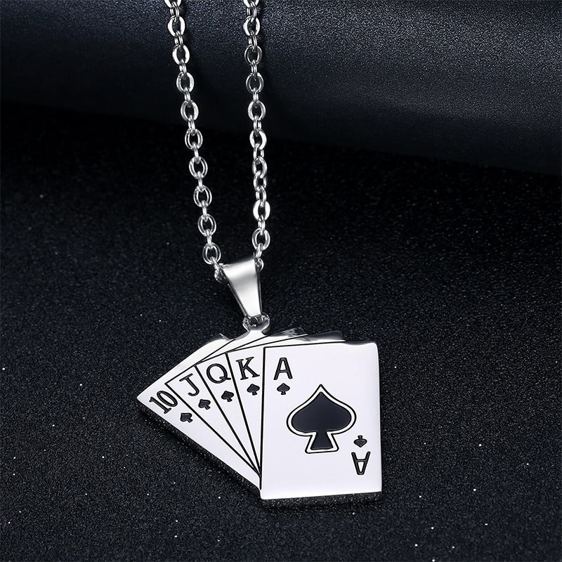 Kemstone Titanium Steel Playing Card Pendant Necklace for Men Five-Card Spade TN0387