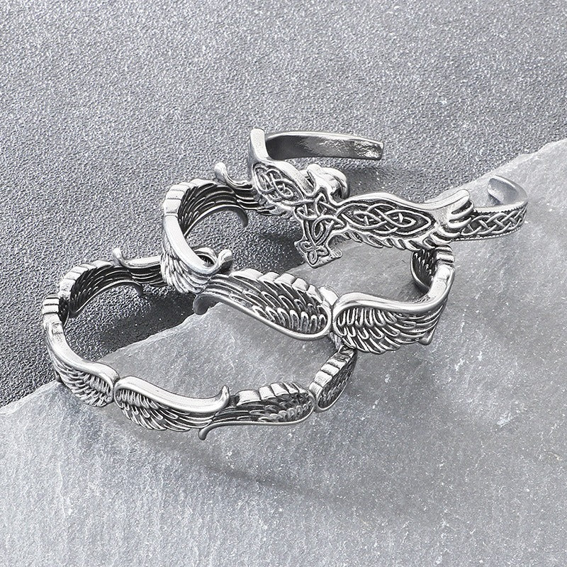 Kemstone Viking Raven Celtic Knot Feather Cuff Bracelet – Titanium Steel Open Bangle for Men KB209301-LU