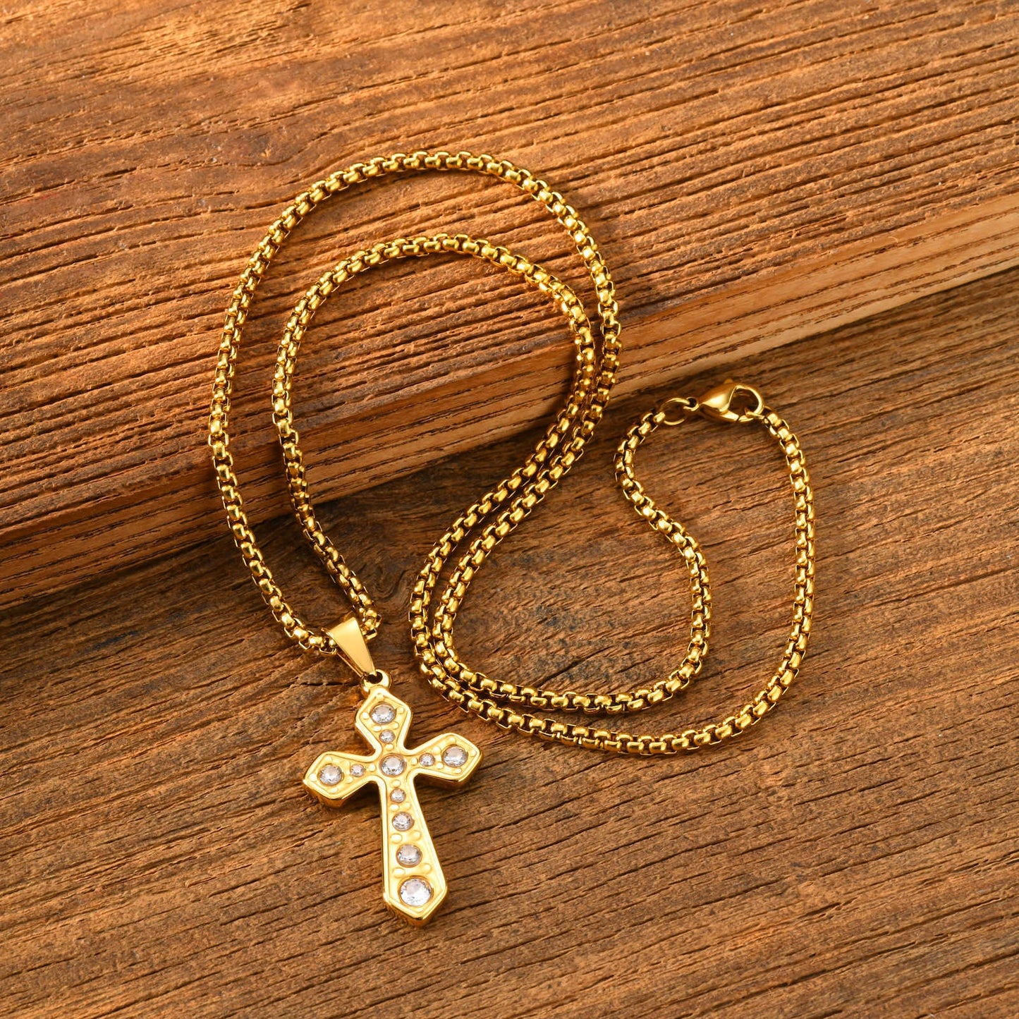 Kemstone Cross Pendant Necklace for Men Gold Plated Stainless Steel Cubic Zirconia Vintage Chain PN-2288