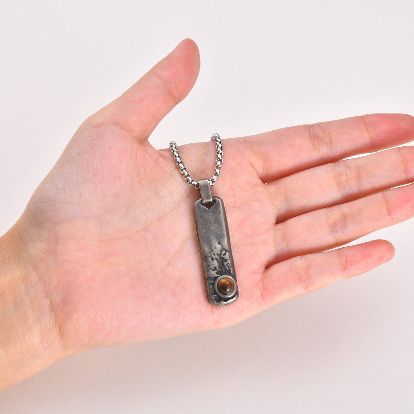 Kemstone Rectangular Tiger Eye Pendant Necklace for Men Stainless Steel Vintage Detail PN2384