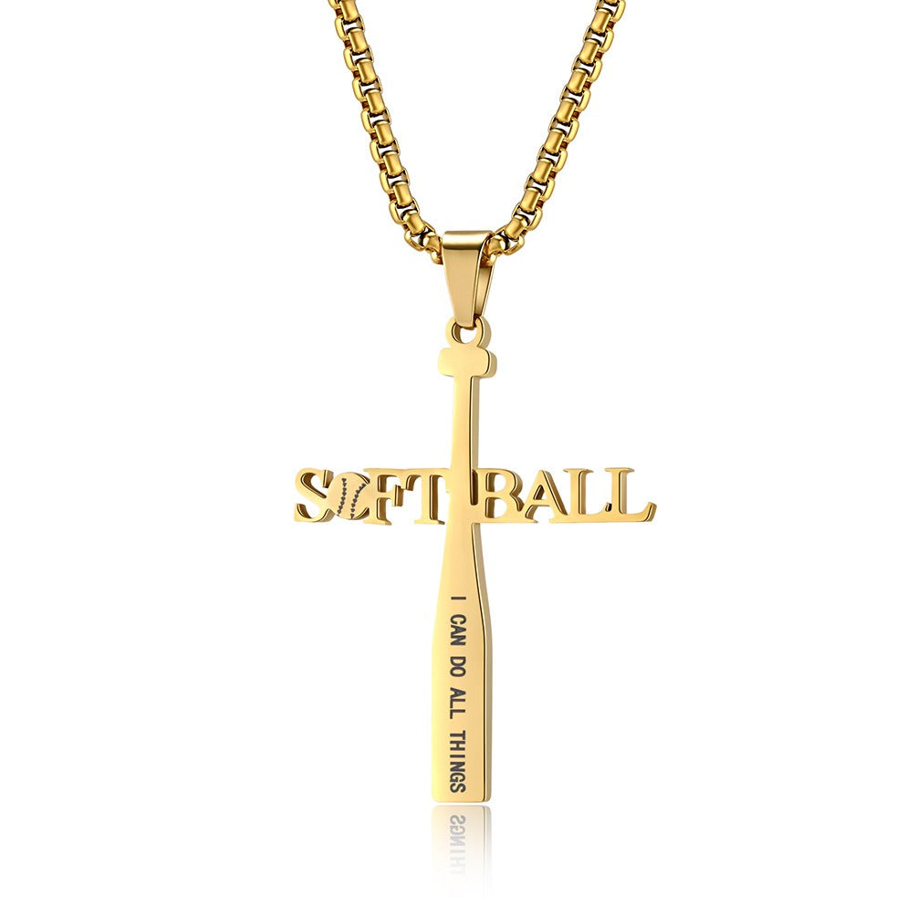 Kemstone Softball Cross Pendant Necklace for Men Stainless Steel Baseball Letter Detail K-PT512
