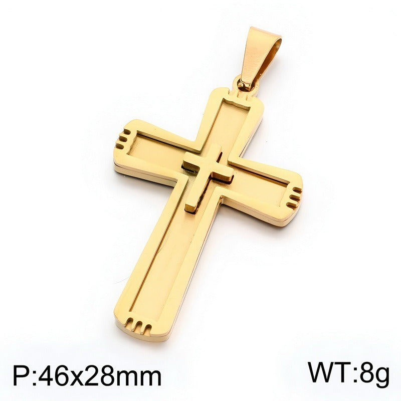Kemston Double Layer Cross Pendant Necklace for Men Stainless Steel Inset Cross Design KP119384-KL