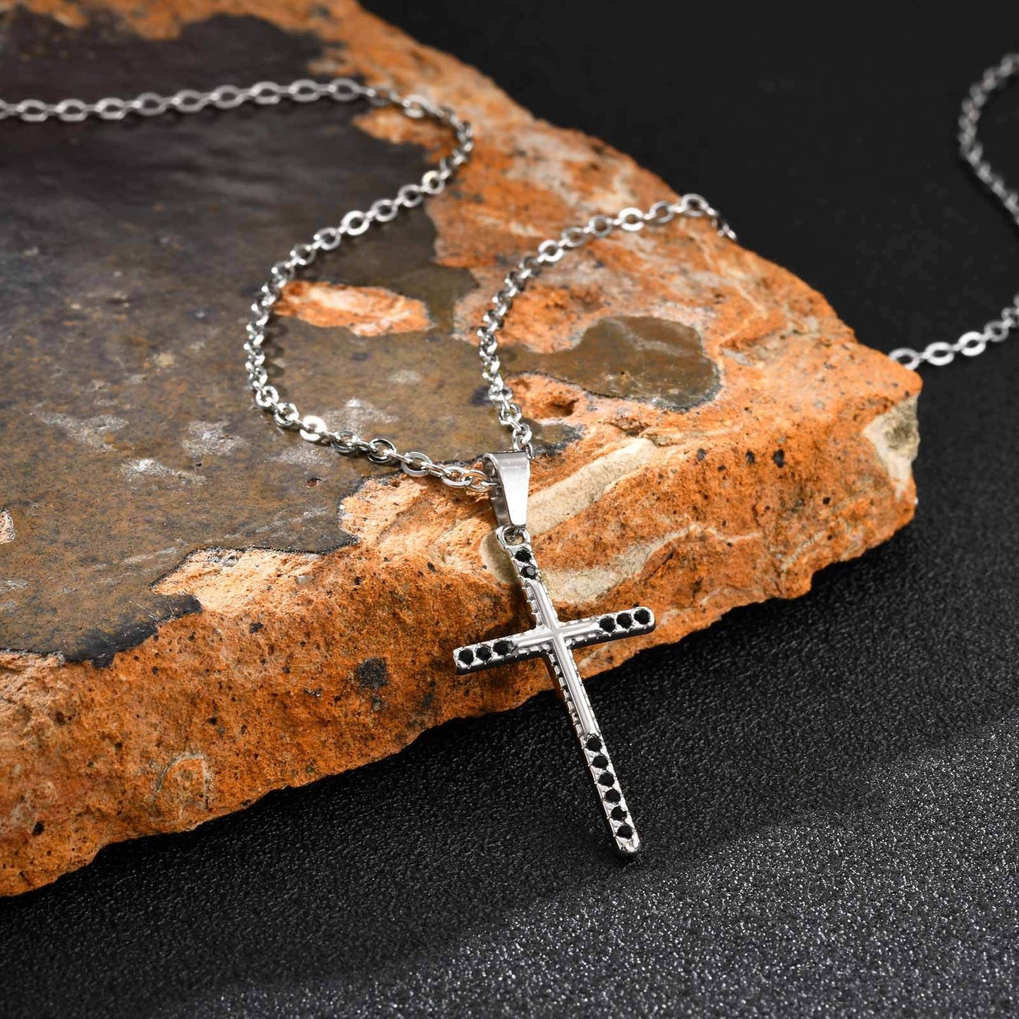 Kemstone Men’s Stainless Steel Cross Necklace – Black Zircon Gothic Pendant PN-2214