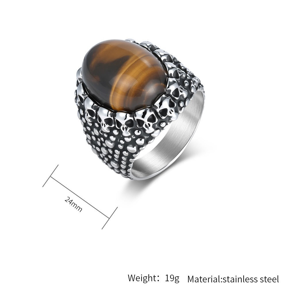 Kemstone Stainless Steel Skull Ring – Tiger Eye & Black Stone Punk Style for Men K-R1111