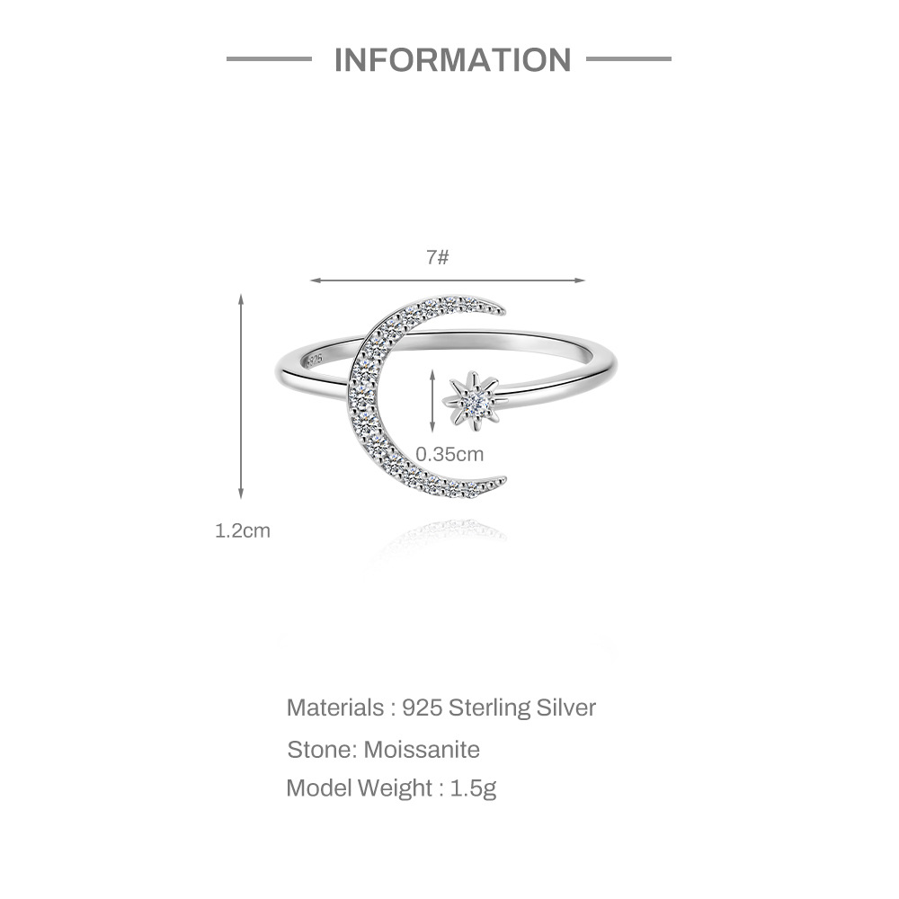 Kemstone S925 Sterling Silver Moon & Star Ring for Women – Adjustable Open Moissanite Stackable MG60100351904A