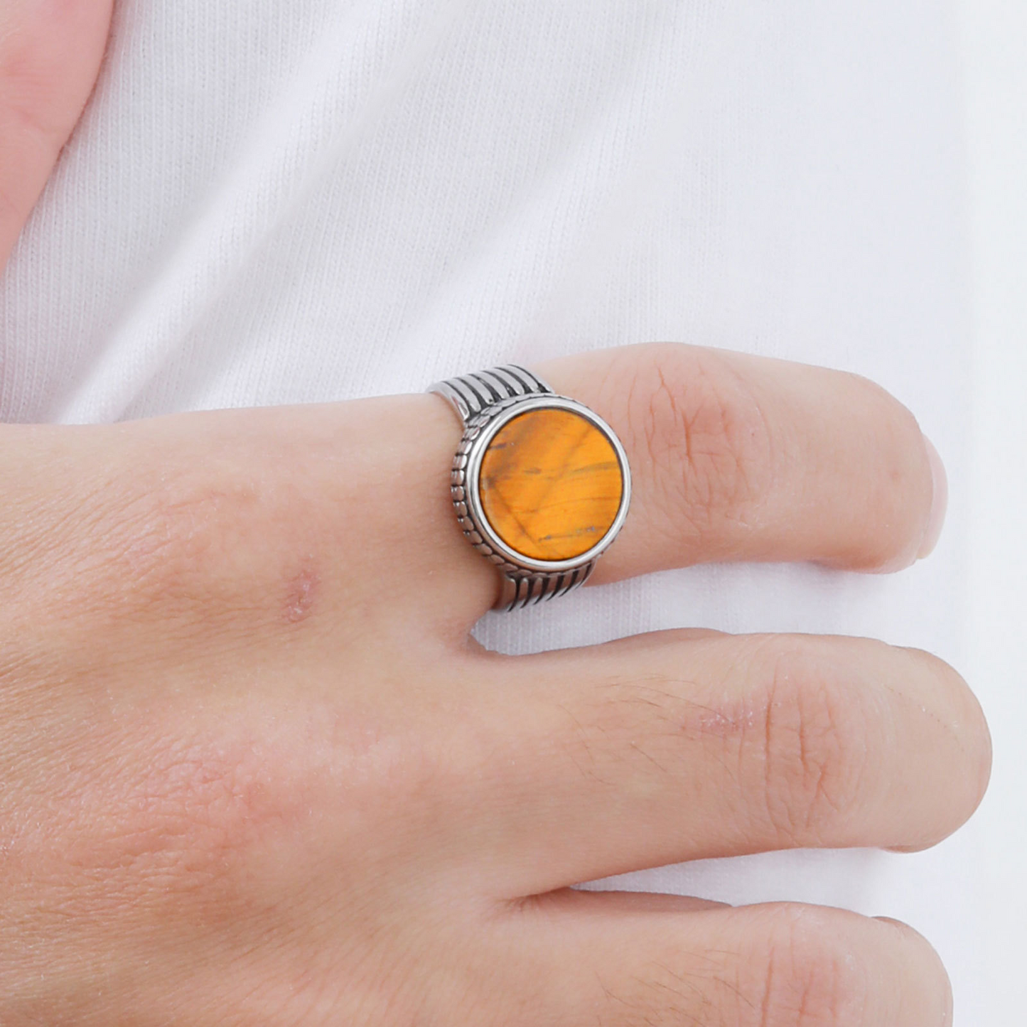 Kemstone Stainless Steel Tiger Eye Ring for Men – Vintage Oval Inlay RC-724