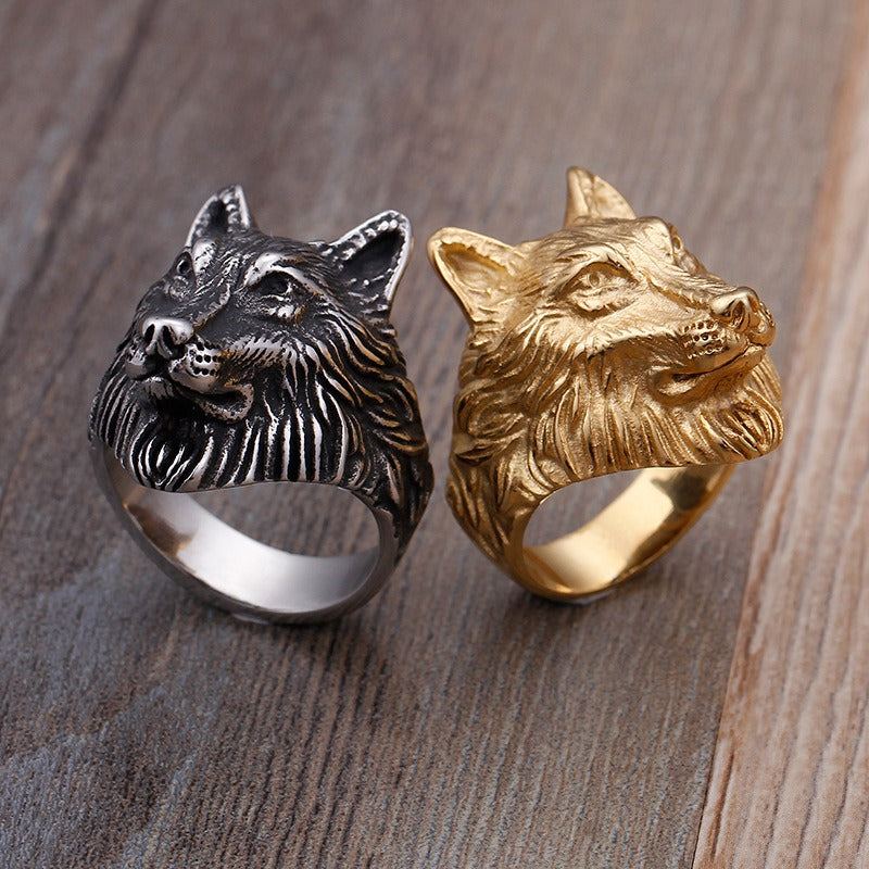 Kemstone Vintage Viking Wolf Head Titanium Steel Ring & Double Wolf Head Chain Bracelet Set - Punk Celtic Knot Adventure Jewelry for Men 	KR48275