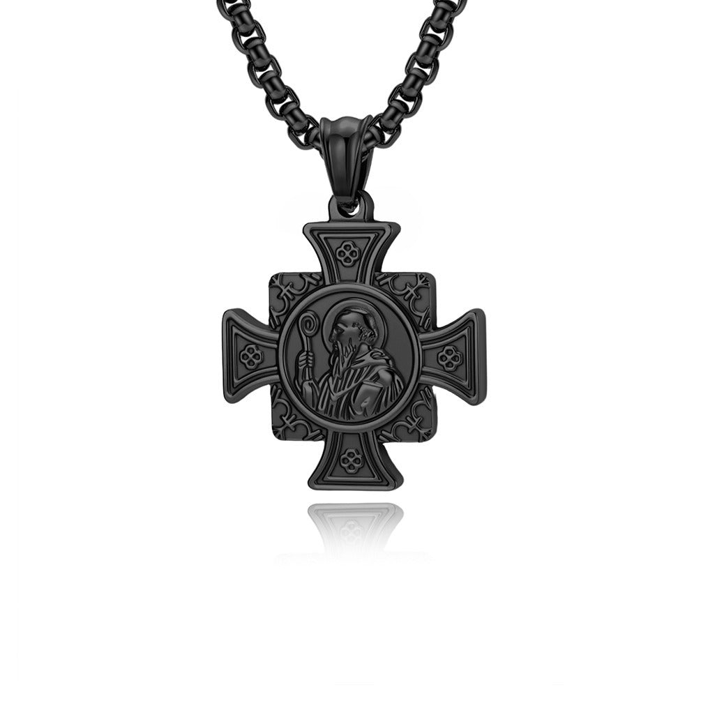 Kemstone Titanium Steel Cross Pendant Necklace for Men Vintage Engraved Medallion Silver Gold Black K-PT710