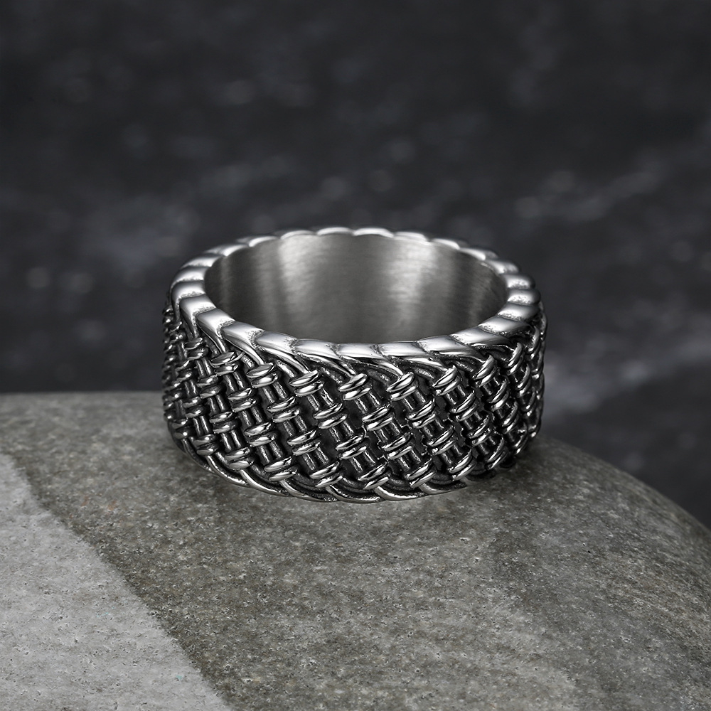 Kemstone Stainless Steel Woven Ring for Men – Vintage Punk Wide Design TR0457