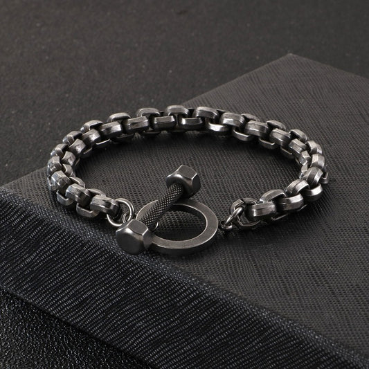 Kemstone Retro Hammered Barbell Titanium Steel Bracelet for Men: Vintage Style with Double Chain Detail KB123280