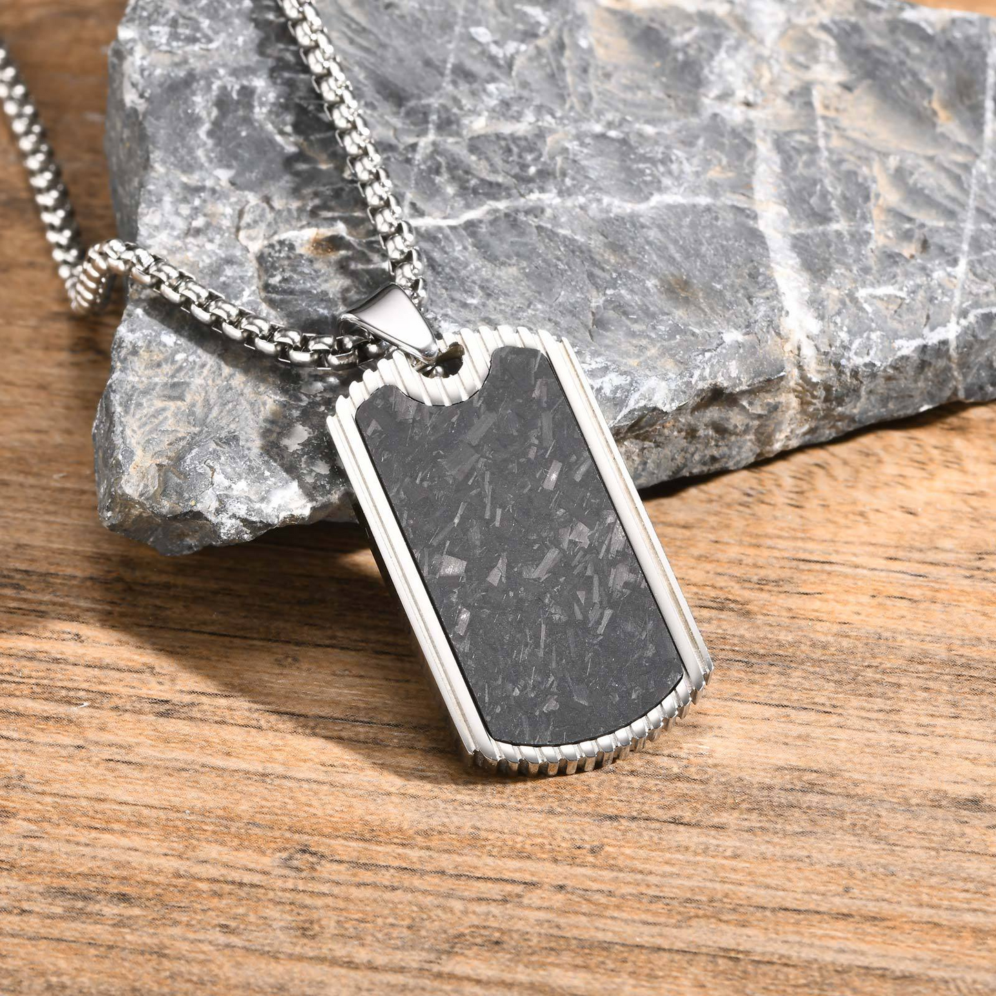 Kemstone Stainless Steel Carbon Fiber Rectangular Pendant Necklace for Men PN-2106