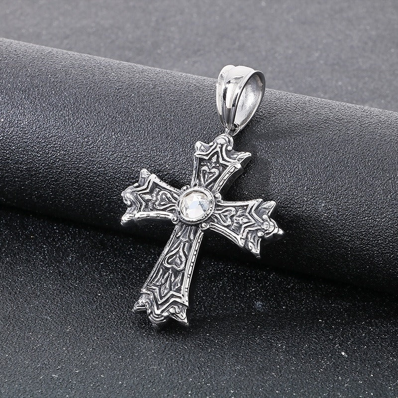 Kemstone Titanium Steel Gothic Cross Pendant Necklace for Men – Heart Cubic Zirconia KP115573-KJX