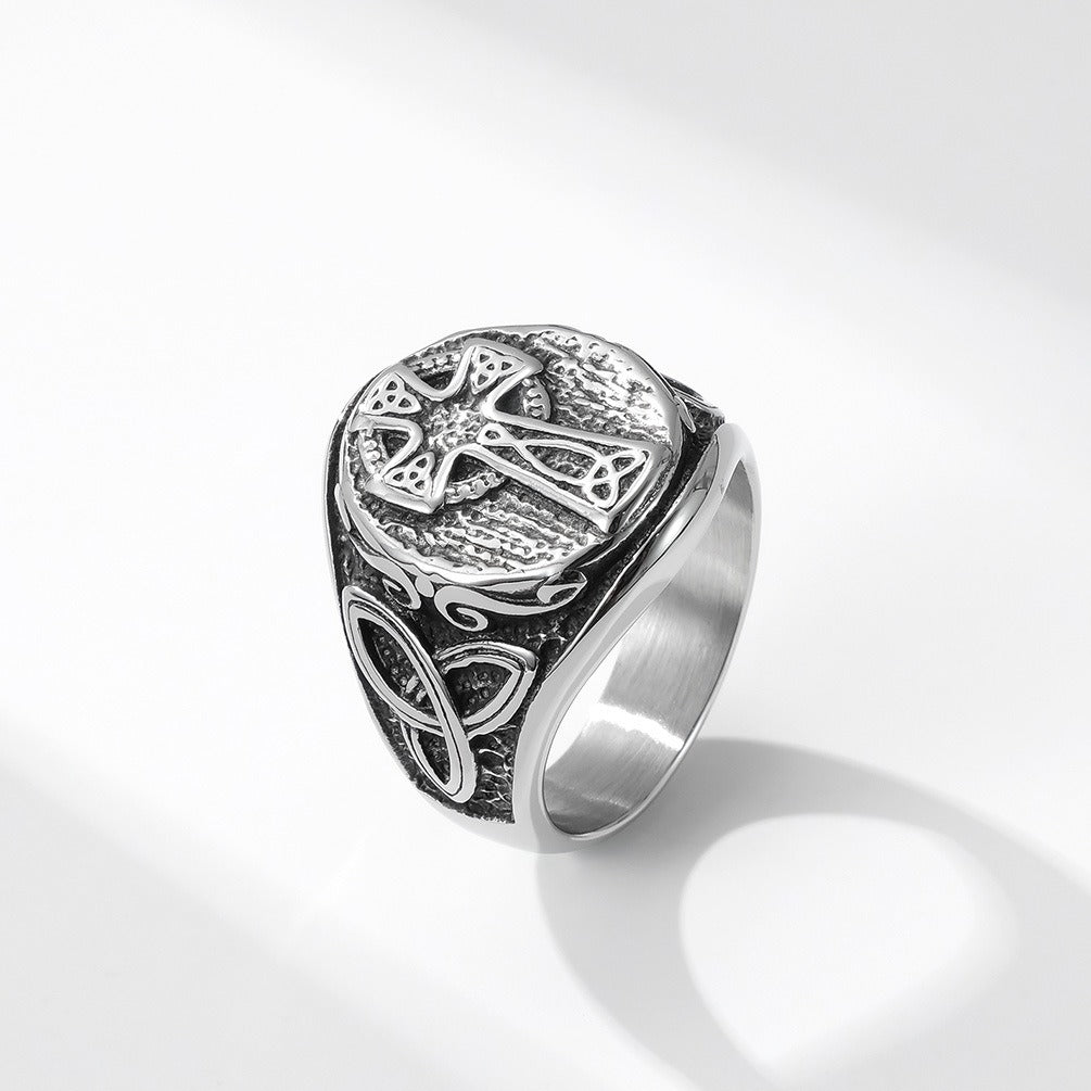 Kemstone Men’s Titanium Steel Celtic Cross Ring – Eternal Knot Design K-R647