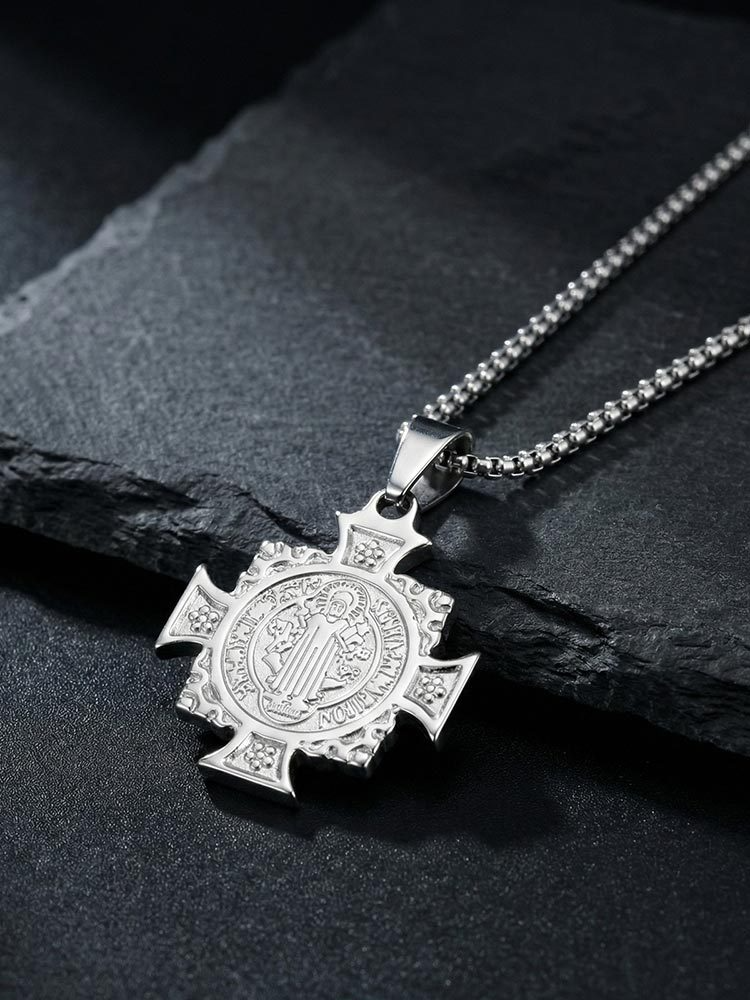 Kemstone Stainless Steel Saint Benedict Cross Pendant Necklace for Men PN-2297