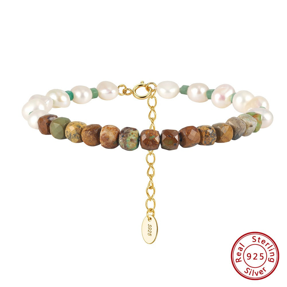 Kemston 925 Sterling Silver Freshwater Pearl Bracelet for Women Natural Turquoise Bead MPB27