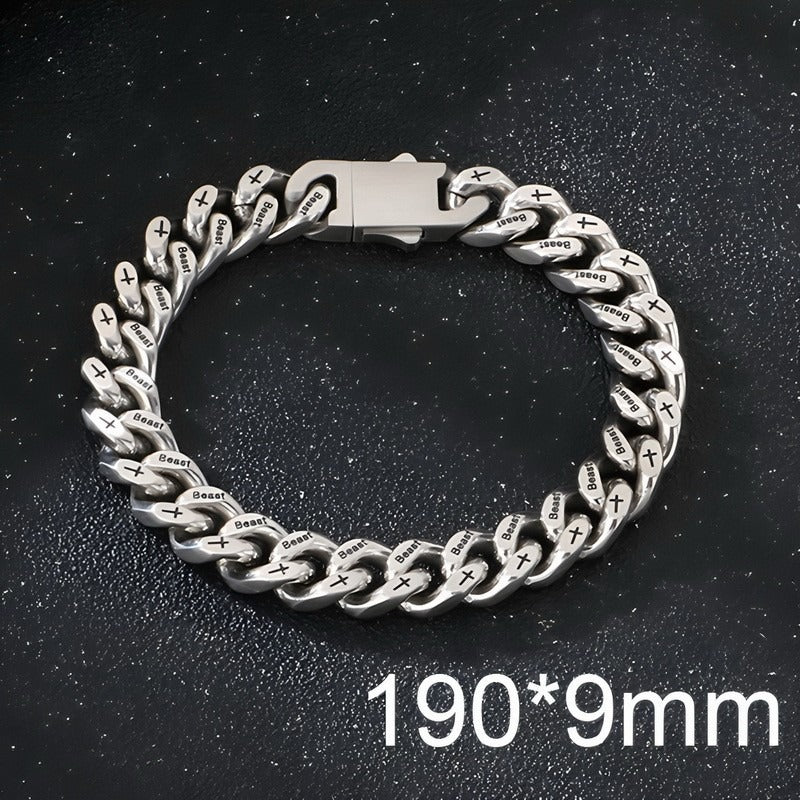 Kemstone Cuban Link Bracelet for Men Titanium Steel Cross Engraved Wide Chain Heavy Chunky Silver KB211839-ZCG