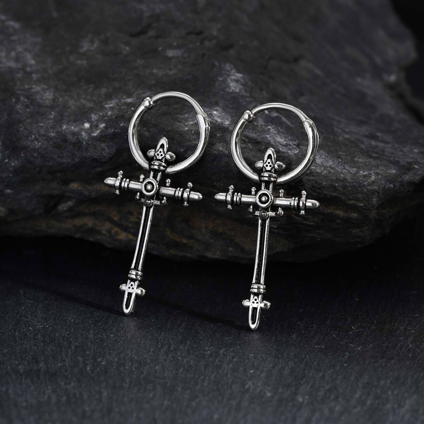 Kemstone Stainless Steel Cross Hoop Earring for Men – Vintage Silver ED-966