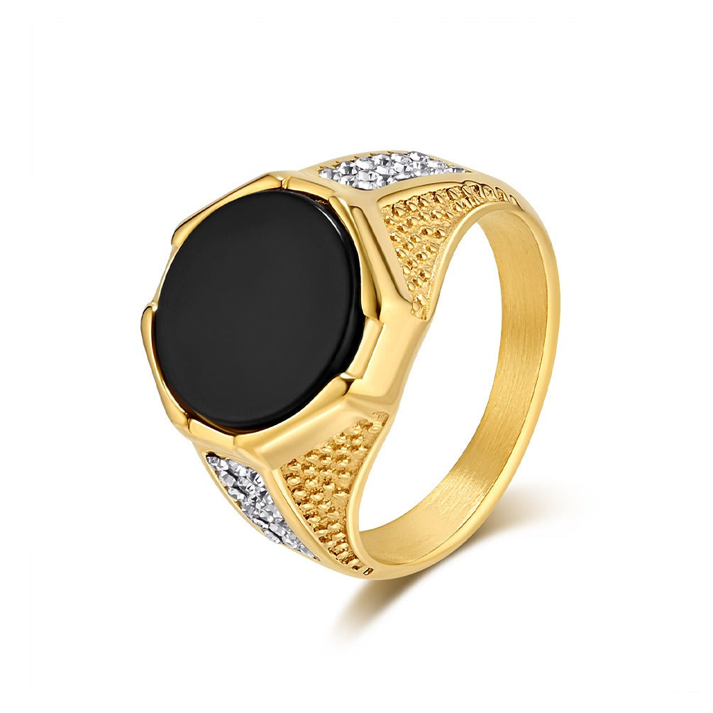Kemstone Black Stone Ring for Men Stainless Steel Side Accents K-R986