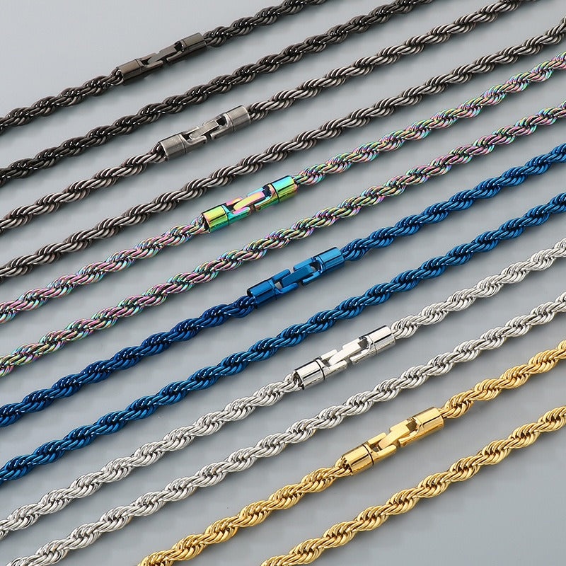 Kemstone Titanium Steel Rope Chain Bracelet & Necklace for Men – Hip Hop Twisted Link, 6 Colors KN299096-KFC