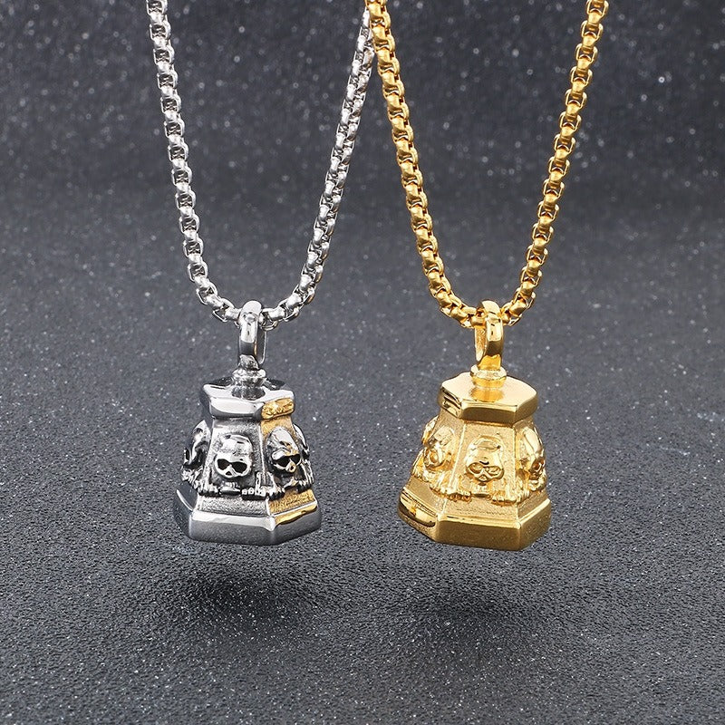 Kemstone Titanium Steel Skull Bell Pendant Necklace for Men Hexagon Gothic Silver Gold KP115582-KJX