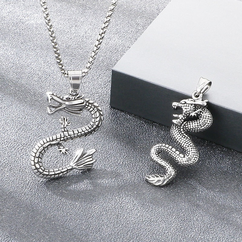 Kemstone Dragon Pendant Necklace for Men Titanium Steel Vintage Oxidized Silver Animal Chain KP117731-LU