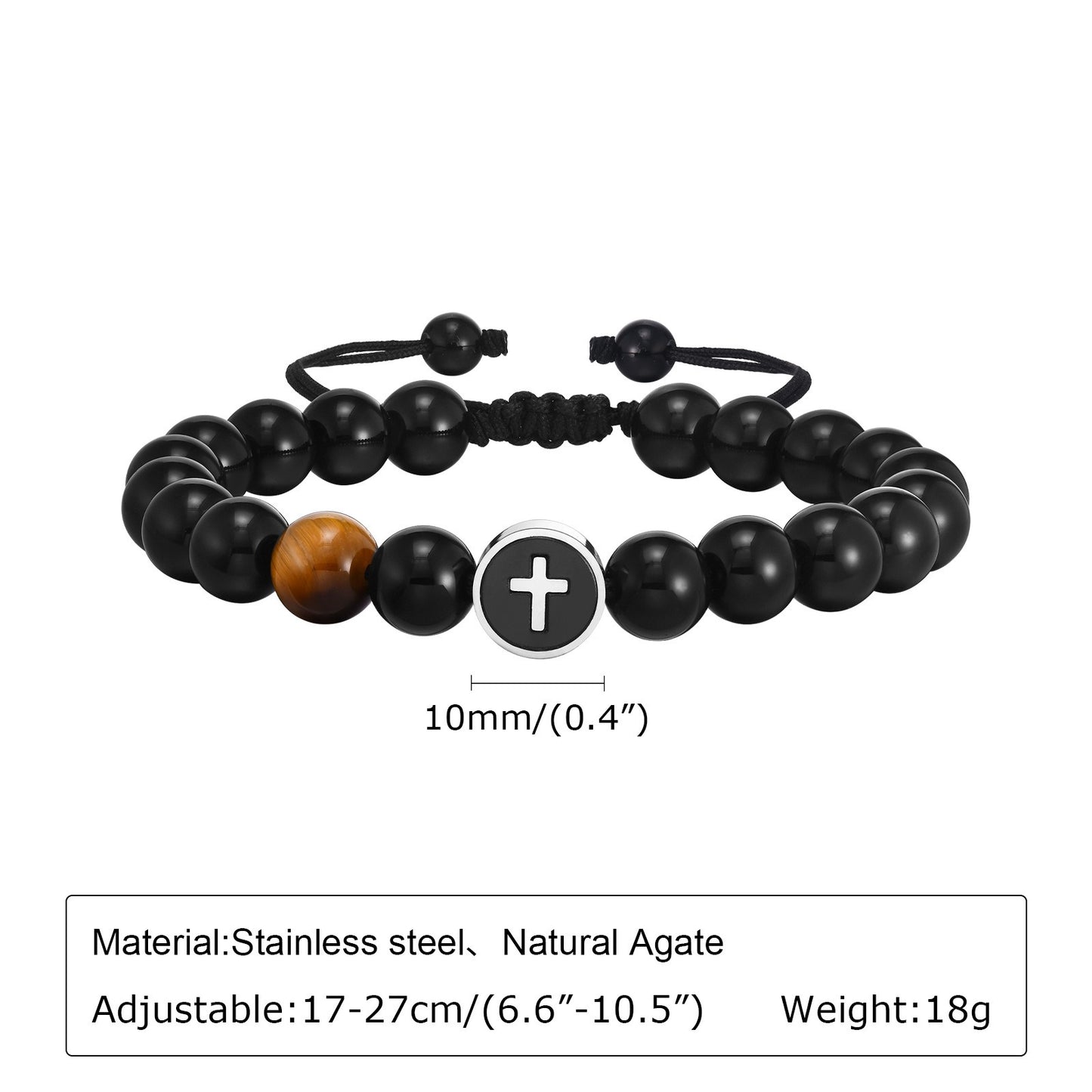 Kemstone Stainless Steel Cross Beaded Bracelet for Men – Adjustable Natural Stone CB-194