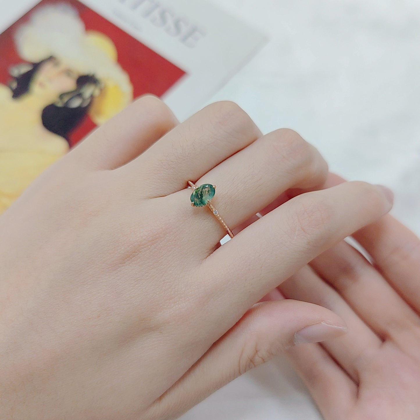 Anillo de compromiso de ágata musgosa de plata esterlina chapada en oro rosa de 18 quilates, diseño original artesanal de Kemstone