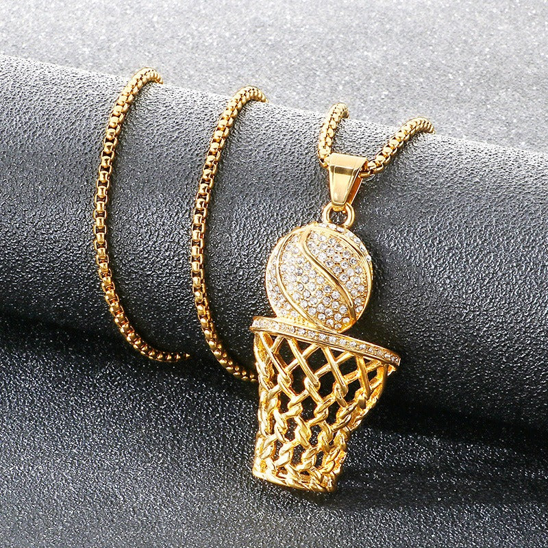 Kemstone Basketball Hoop Coin Pendant Necklace for Men – Rhinestone Titanium Steel Hip Hop Style KP117911-MZOZ