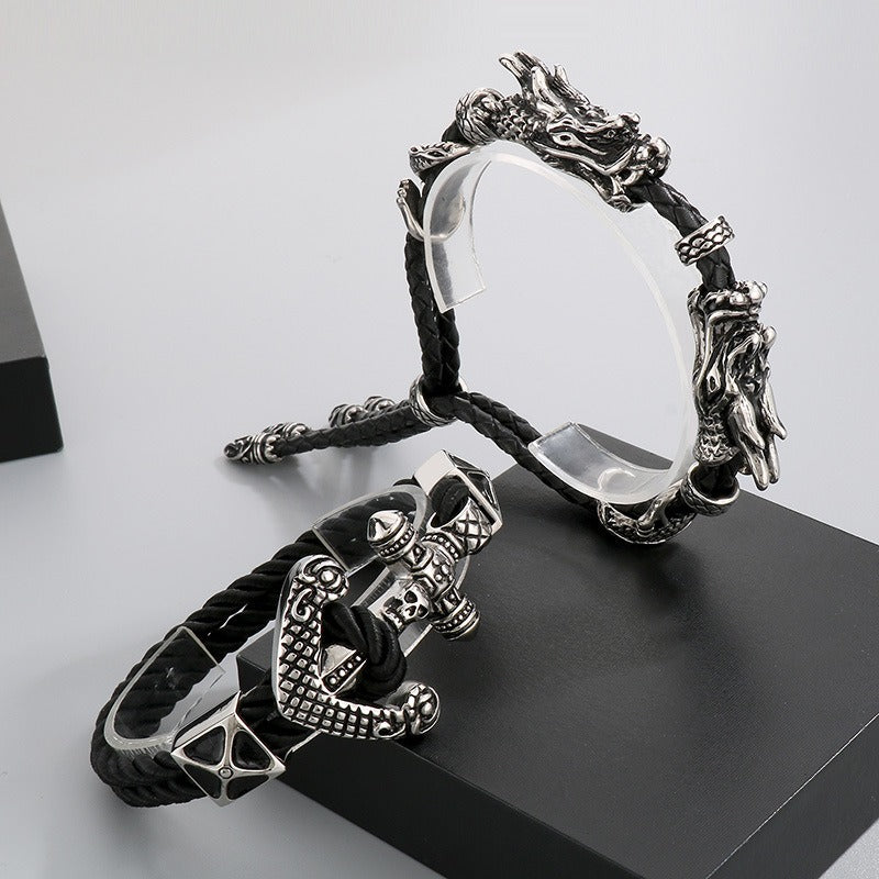 Kemstone Titanium Steel Leather Bracelet for Men Vintage Dragon Tiger Anchor Clasp KB87977-BD