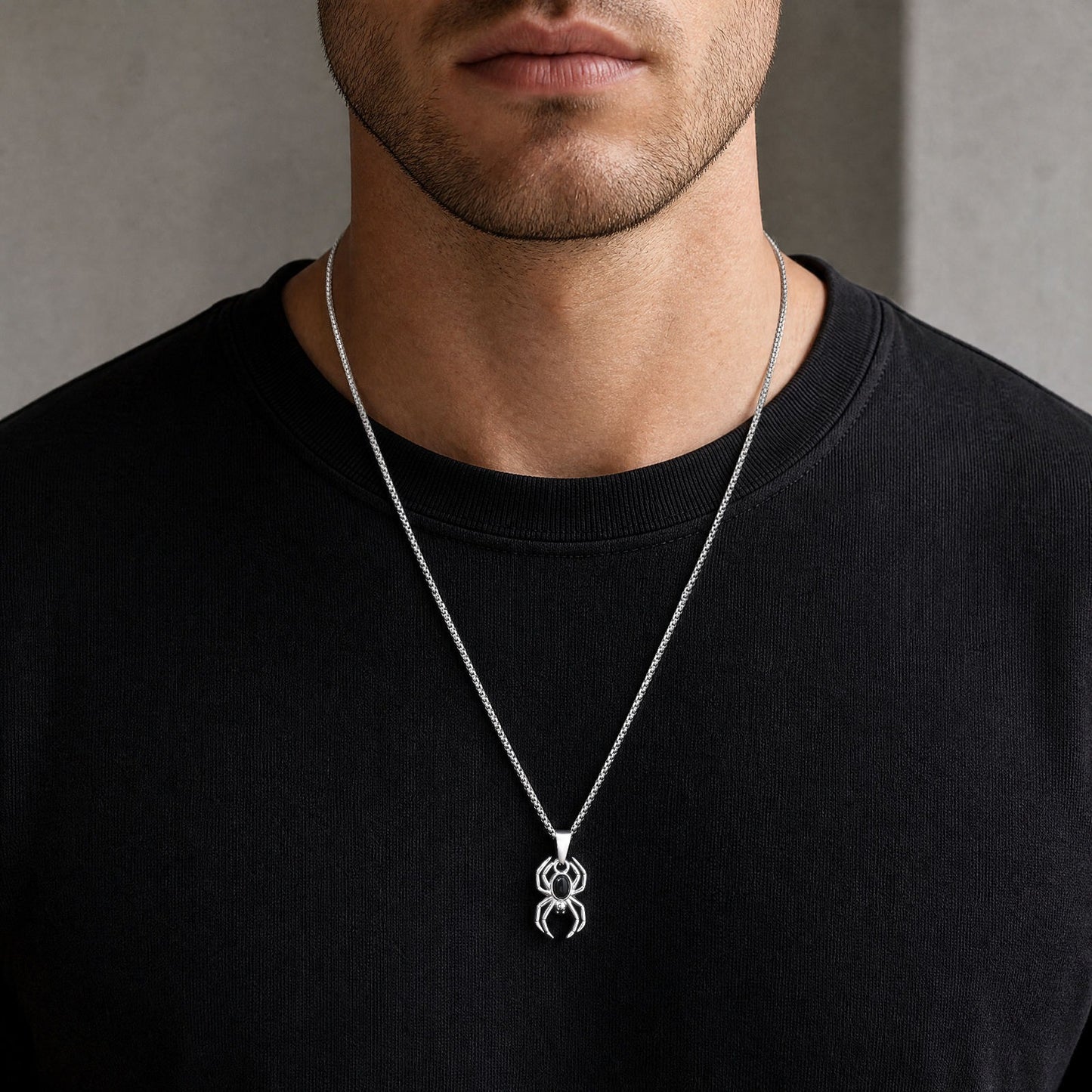 Kemstone Black Agate Spider Pendant Necklace for Men Stainless Steel Gothic PN-2453