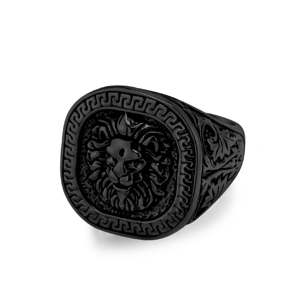 Kemstone Vintage Lion Head Signet Ring – Stainless Steel Greek Key for Men KR867