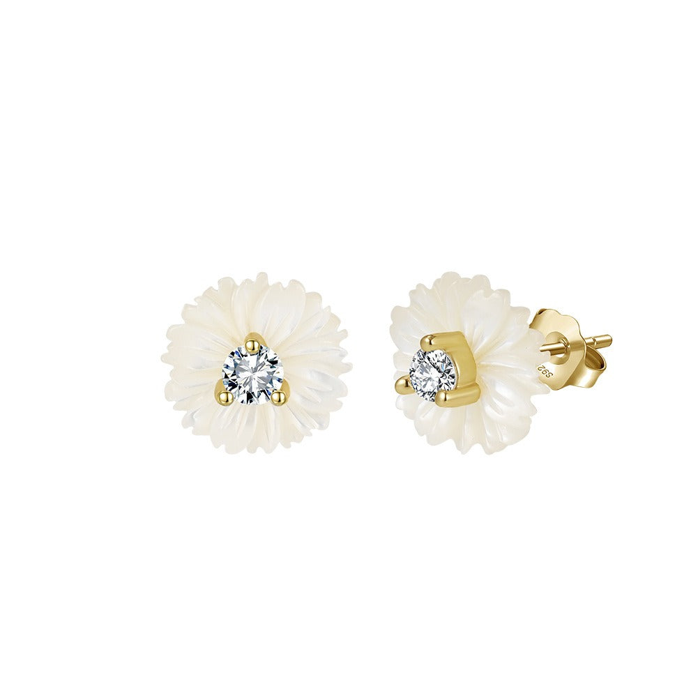 Kemstone Shell Flower Stud Earrings for Women – 925 Sterling Silver with Cubic Zirconia PSE10