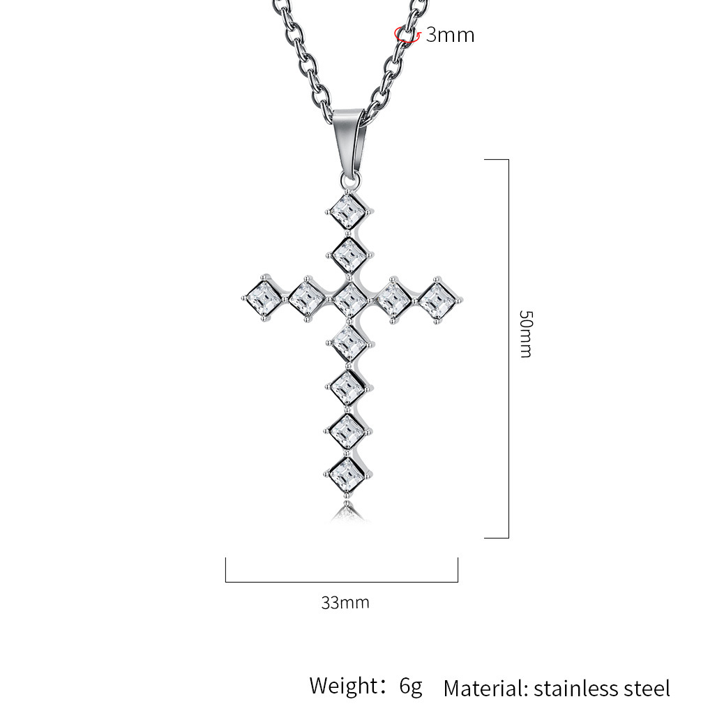 Kemstone Square Cubic Zirconia Cross Pendant Necklace for Men Stainless Steel K-PT502