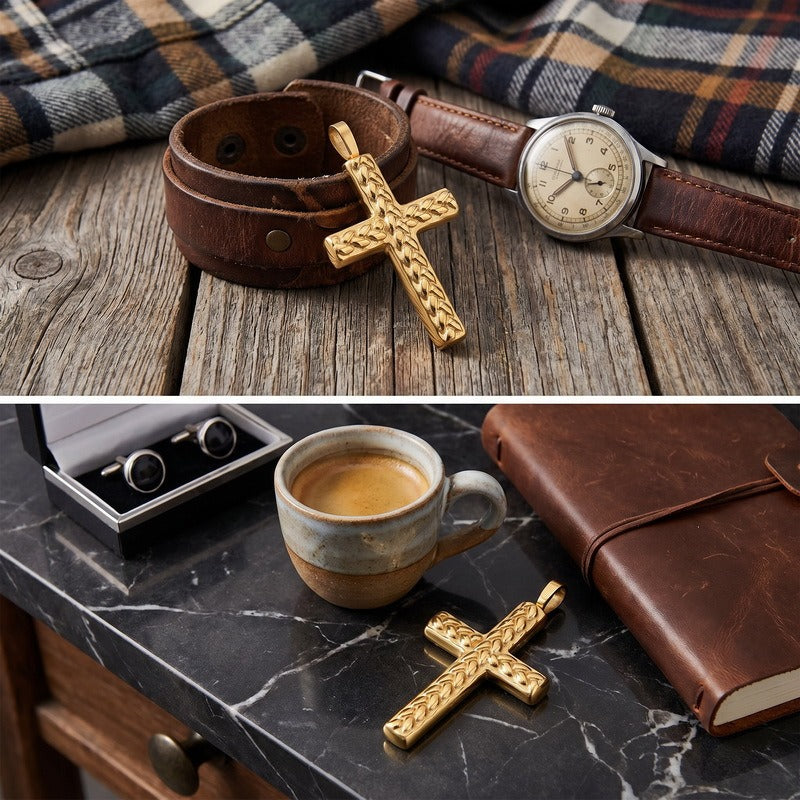 Kemstone Titanium Steel Wheat Texture Cross Pendant for Men KN302490-GC